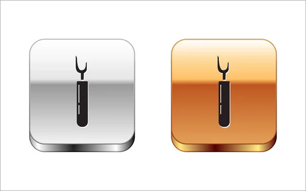 Icono de herramienta de corte negro aislado sobre fondo blanco. Cuchillo de coser con hoja. Botón cuadrado plata-oro. Ilustración vectorial — Archivo Imágenes Vectoriales