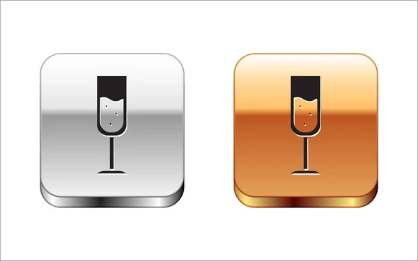 Zwart Glas champagne icoon geïsoleerd op witte achtergrond. Zilverkleurig-gouden vierkante knop. Vector Illustratie — Stockvector