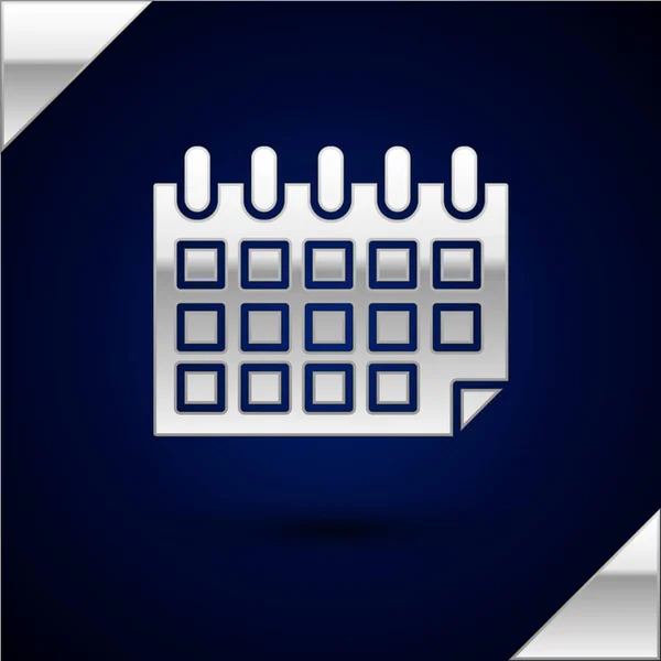 Icono de calendario plateado aislado sobre fondo azul oscuro. Evento símbolo recordatorio. Ilustración vectorial — Vector de stock