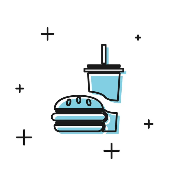 Cristal de papel negro con paja para beber e icono de hamburguesa aislado sobre fondo blanco. Signo de bebida de soda aqua. Hamburguesa, sándwich de hamburguesa con queso. Ilustración vectorial — Vector de stock