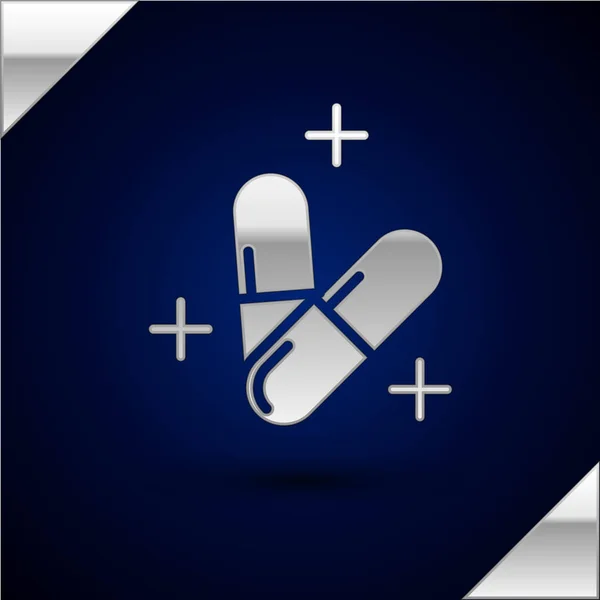 Pilulka na léky proti stříbra nebo ikona tabletu izolovaná na tmavém modrém pozadí. Pilulka s kapslí a značka drog. Návrh lékárny. Vektorová ilustrace — Stockový vektor