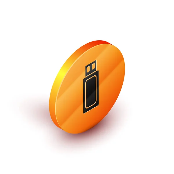 Isometrische USB-Stick-Symbol isoliert auf weißem Hintergrund. orange Kreis-Taste. Vektorillustration — Stockvektor