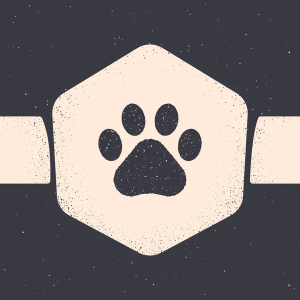 Grunge Paw print icon isolated on grey background. Dog or cat paw print. Animal track. Monochrome vintage drawing. Vector Illustration