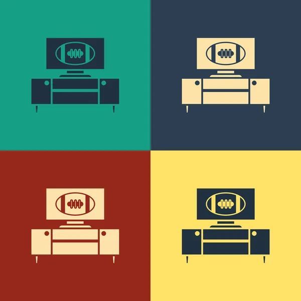 Färg amerikansk fotboll på TV-program och stativ ikon isolerad på färg bakgrund. Vintage stil ritning. Vektor illustration — Stock vektor