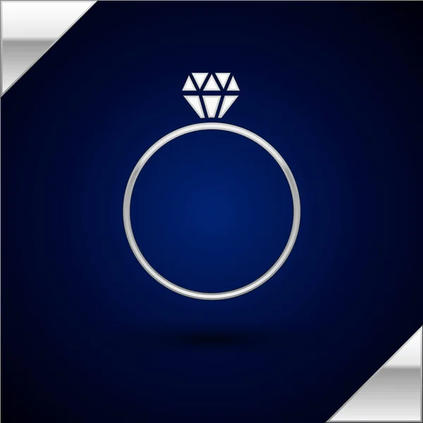Icono del anillo de compromiso Silver Diamond aislado sobre fondo azul oscuro. Ilustración vectorial — Archivo Imágenes Vectoriales