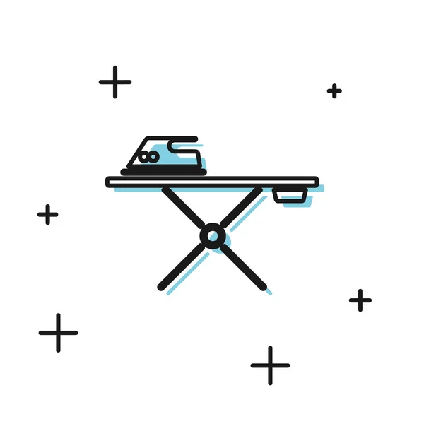 Schwarzes Bügeleisen und Bügelbrett-Symbol isoliert auf weißem Hintergrund. Dampfbügeleisen Vektorillustration — Stockvektor
