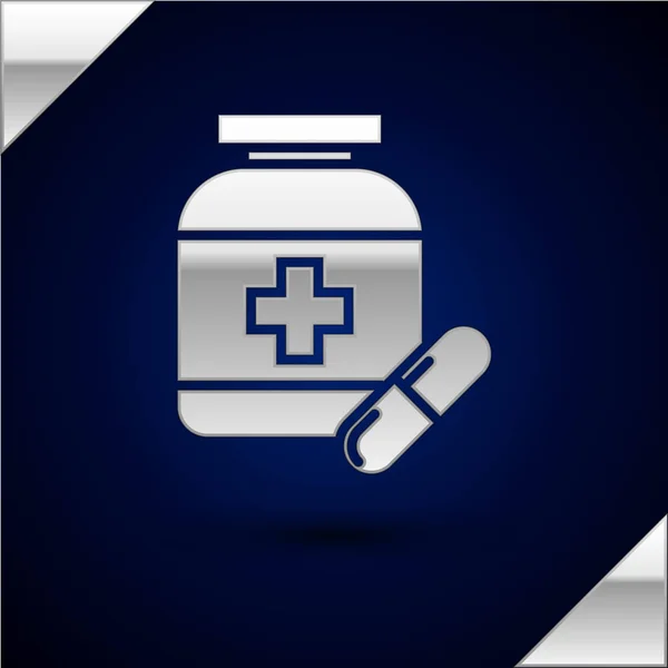 Botella de Plata Medicina y pastillas icono aislado sobre fondo azul oscuro. Signo de la píldora. Diseño de farmacia. Ilustración vectorial — Archivo Imágenes Vectoriales