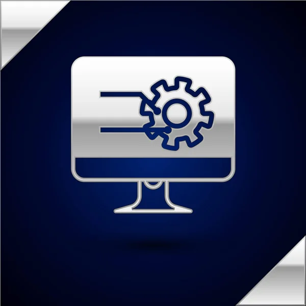 Silberner Computermonitor mit Diagrammdiagrammsymbol isoliert auf dunkelblauem Hintergrund. Textdatei-Symbol melden. Buchhaltungszeichen. Prüfung, Analyse, Planung. Vektorillustration — Stockvektor