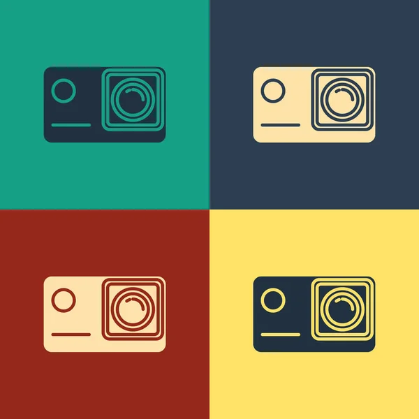 Color Action extreme camera icon isolated on color background. Video camera equipment for filming extreme sports. Vintage style drawing. Vector Illustration — Stock Vector