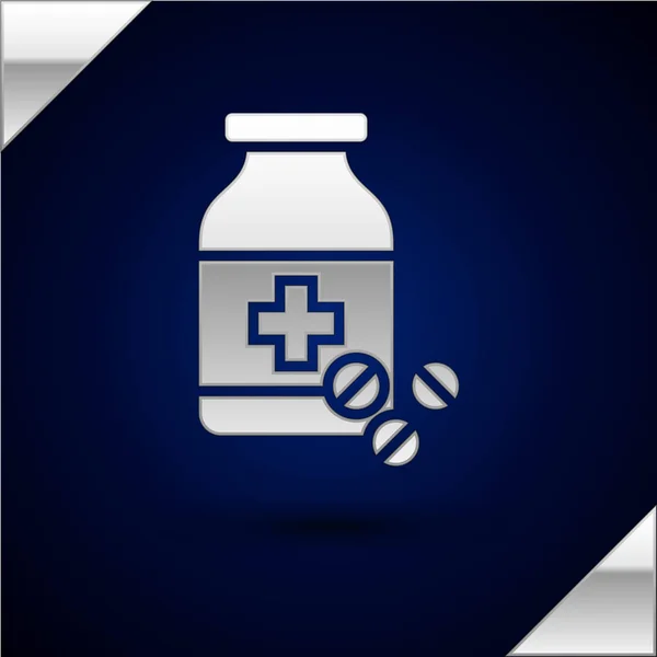 Garrafa de prata medicina e comprimidos ícone isolado no fundo azul escuro. Sinal de pílula de garrafa. Design de farmácia. Ilustração vetorial — Vetor de Stock