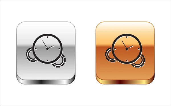 Icône Black Time Management isolée sur fond blanc. Horloge et enseigne. Le symbole de productivité. Bouton carré argent-or. Illustration vectorielle — Image vectorielle