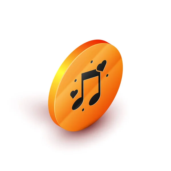 Isometrische Musiknote, Ton mit Herz-Symbol auf weißem Hintergrund isoliert. orange Kreis-Taste. Vektorillustration — Stockvektor
