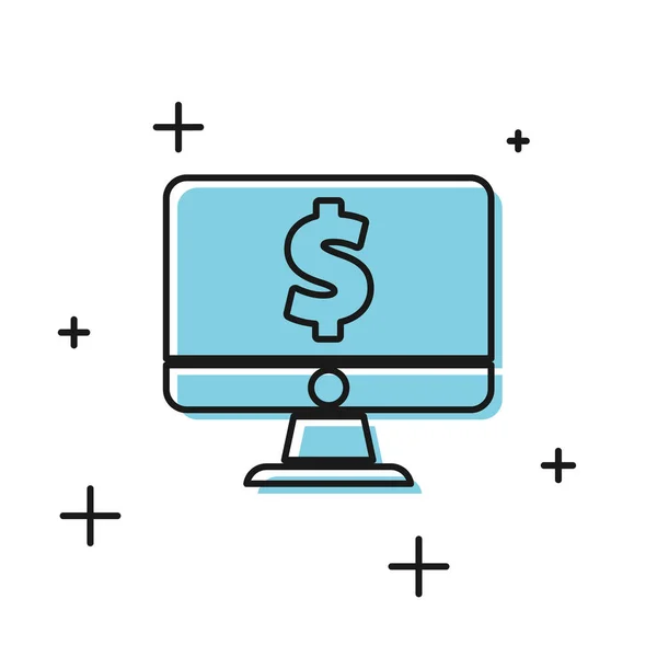 Monitor de ordenador negro con icono de símbolo de dólar aislado sobre fondo blanco. Concepto de compras online. Ganancias en Internet, marketing. Ilustración vectorial — Vector de stock