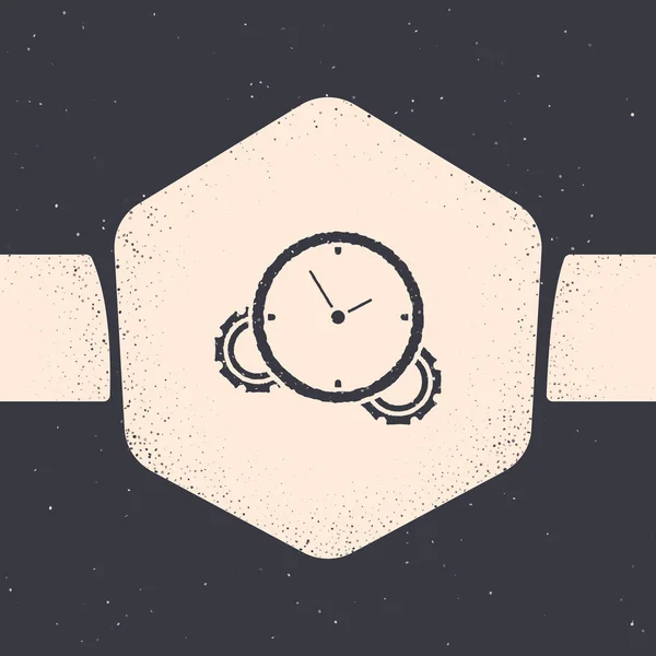 Grunge Time Management-ikonen isolerad på grå bakgrund. Klocka och växel skylt. Produktivitets symbolen. Monokrom Vintage ritning. Vektor illustration — Stock vektor