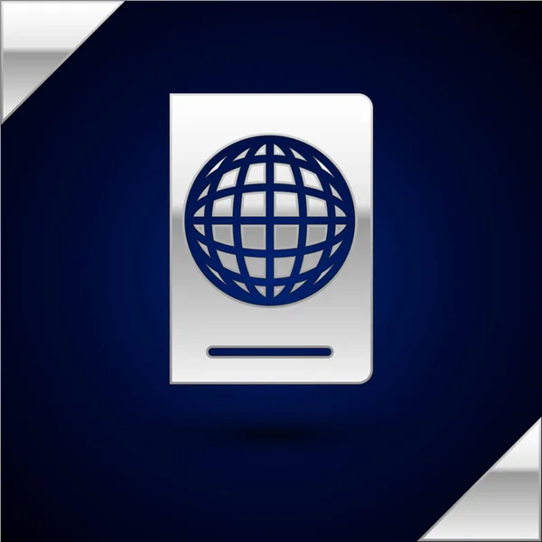Passaporte prateado com ícone de dados biométricos isolado em fundo azul escuro. Documento de identificação. Ilustração vetorial —  Vetores de Stock