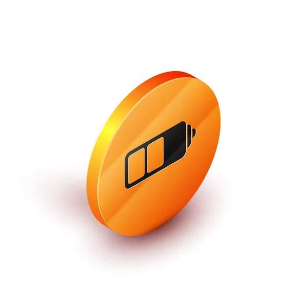 Isometrische Batterieladestandsanzeige auf weißem Hintergrund. Orangefarbener Kreis. Vektorillustration — Stockvektor