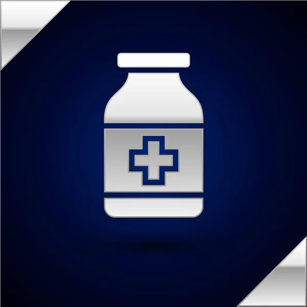 Silver Medicine bottle icon isolated on dark blue background. Bottle pill sign. Pharmacy design. Vector Illustration — Stock Vector