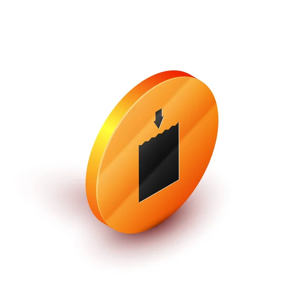 Icono de bolsa de compras de papel isométrico aislado sobre fondo blanco. Firma del paquete. Botón círculo naranja. Ilustración vectorial — Archivo Imágenes Vectoriales