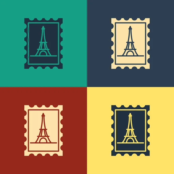 Barevné poštovní razítko a Eiffelova ikona věže izolované podle barevného pozadí. Kresba stylu. Vektorová ilustrace — Stockový vektor