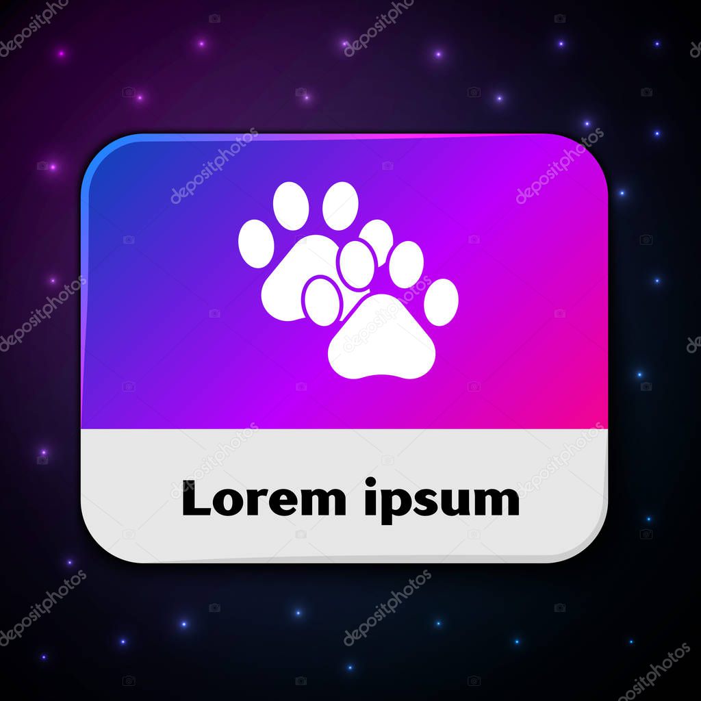 White Paw print icon isolated on black background. Dog or cat paw print. Animal track. Rectangle color button. Vector Illustration
