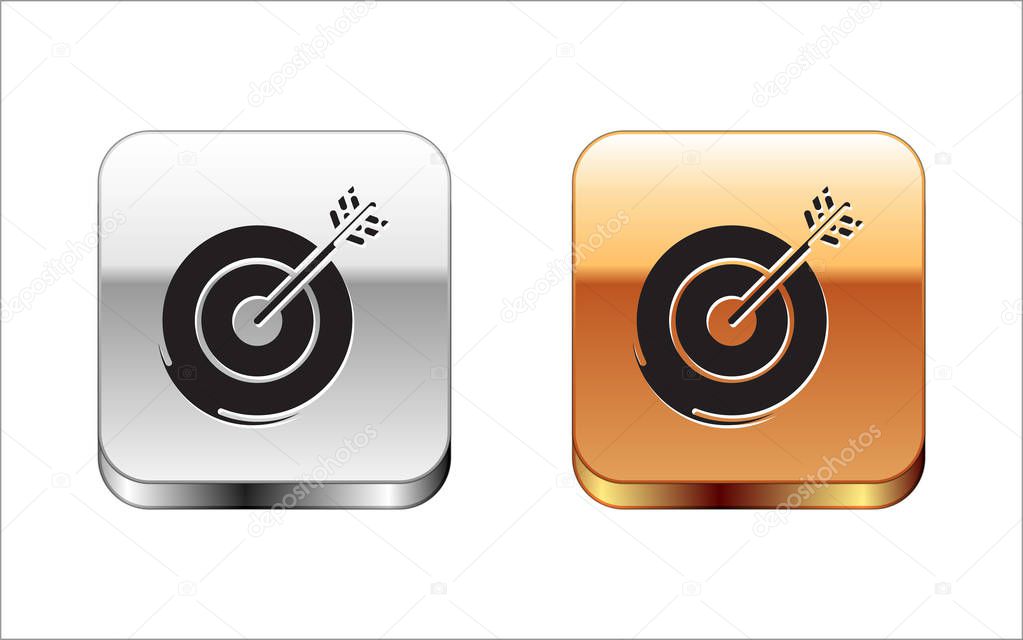 Black Target icon isolated on white background. Investment target icon. Successful business concept. Cash or Money sign. Silver-gold square button. Vector Illustration