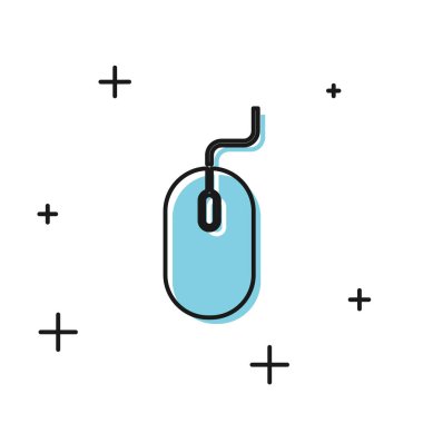 Beyaz arka planda yalıtılmış siyah bilgisayar fare simgesi. Tekerlek sembolü ile optik. Vektör İllüstrasyonu