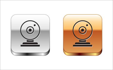 Beyaz arka planda yalıtılmış siyah Web kamera simgesi. Sohbet kamerası. Web kamerası simgesi. Gümüş-altın kare düğme. Vektör İllüstrasyonu