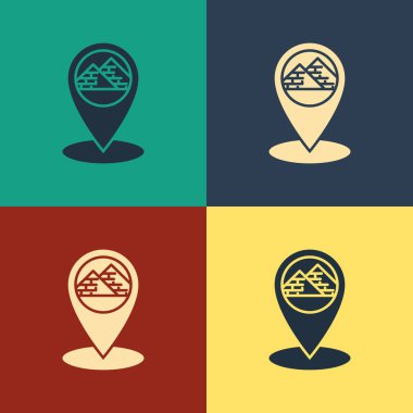 Renk arka planda yalıtılmış Mısır piramitleri simgesi ile Renk Haritası işaretçisi. Vintage tarzı çizim. Vektör İllüstrasyonu