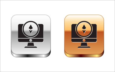 Siyah Monitör ve Cryptocurrency sikke Ethereum Eth simgesi beyaz arka plan üzerinde izole. Altcoin sembolü. Blockchain tabanlı güvenli kripto para birimi. Gümüş-altın kare düğme. Vektör İllüstrasyonu