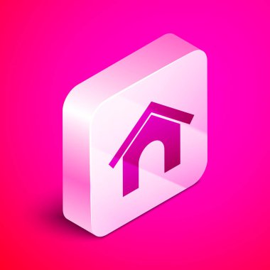 İzometrik Köpek ev simgesi pembe arka plan üzerinde izole. Köpek kulübesi. Gümüş kare düğme. Vektör İllüstrasyonu