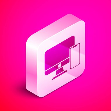 İzometrik Bilgisayar monitörü ve cep telefonu simgesi pembe arka plan üzerinde izole. İnternettekazanç, pazarlama. Gümüş kare düğme. Vektör İllüstrasyonu