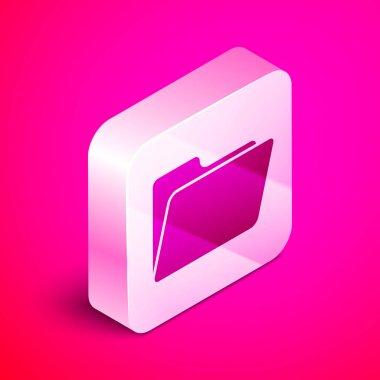 İzometrik Belge klasör simgesi pembe arka planda yalıtılmış. Muhasebe bağlayıcı sembolü. Muhasebe yönetimi. Gümüş kare düğme. Vektör İllüstrasyonu