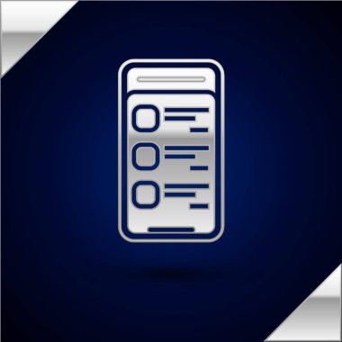 Gümüş Online alışveriş cep telefonu simgesi koyu mavi arka planda izole. Online satın alma. Internet mağazası, mobil mağaza uygulaması ve ödemeler faturalandırma. Vektör İllüstrasyonu
