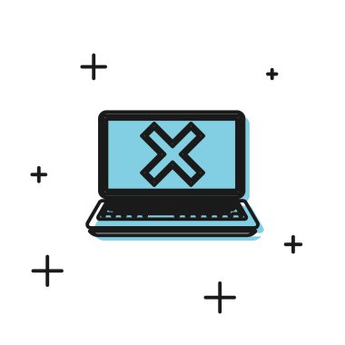 Beyaz arka planda yalıtılmış ekran simgesinde Siyah Laptop ve çapraz işaret. Hata penceresi, çıkış düğmesi, iptal, 404 hata sayfası kavramı bulunamadı. Vektör İllüstrasyonu