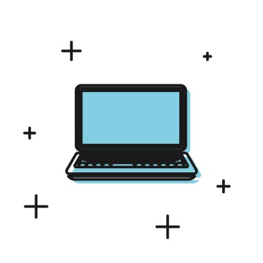 Beyaz arkaplanda siyah dizüstü bilgisayar simgesi izole edildi. Boş ekran işaretli bilgisayar defteri. Vektör İllüstrasyonu