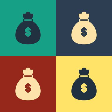 Renk arka planda yalıtılmış Renk Para çanta simgesi. Dolar veya Usd sembolü. Nakit Bankacılık para birimi işareti. Vintage tarzı çizim. Vektör İllüstrasyonu