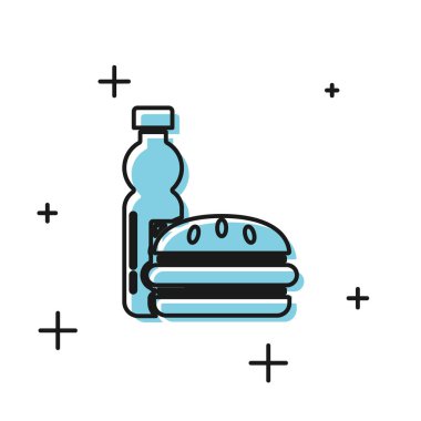 Beyaz arka planda izole su ve burger simgesi Siyah Şişe. Soda su içecek işareti. Hamburger, çizburgerli sandviç. Fast food menüsü. Vektör İllüstrasyonu
