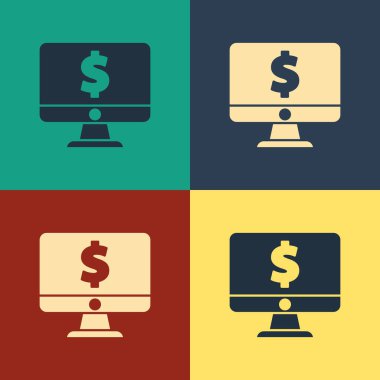 Renkli arka planda yalıtılmış dolar simgesi olan Renkli Bilgisayar monitörü. Online alışveriş konsepti. İnternettekazanç, pazarlama. Vintage tarzı çizim. Vektör İllüstrasyonu