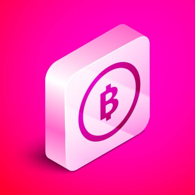 İzometrik Cryptocurrency sikke Bitcoin simgesi pembe arka plan üzerinde izole. Fiziksel biraz para. Blockchain tabanlı güvenli kripto para birimi. Gümüş kare düğme. Vektör İllüstrasyonu