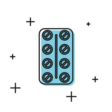 Beyaz arka planda izole blister paketi simgesi siyah Pills. Tablet için tıbbi ilaç paketi: vitamin, antibiyotik, aspirin. Vektör İllüstrasyonu