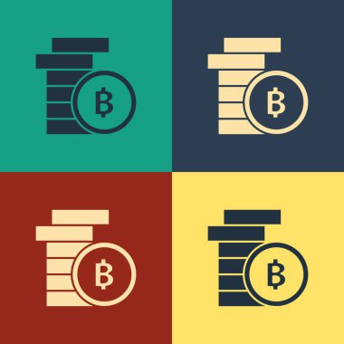 Renk arka planda yalıtılmış Renkli Cryptocurrency sikke Bitcoin simgesi. Fiziksel biraz para. Blockchain tabanlı güvenli kripto para birimi. Vintage tarzı çizim. Vektör İllüstrasyonu