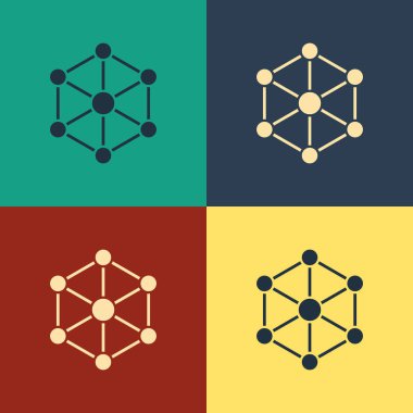 Renk arka planda yalıtılmış Renk Blockchain teknolojisi simgesi. Kripto para birimi verileri. Soyut geometrik blok zincir ağ teknolojisi iş. Vintage tarzı çizim. Vektör İllüstrasyonu