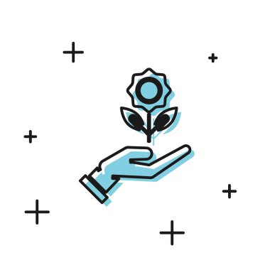 Siyah El beyaz arka plan üzerinde izole çiçek simgesi tutarak. Tohum ve fide. Fidan dikimi. Ekoloji kavramı. Vektör İllüstrasyonu