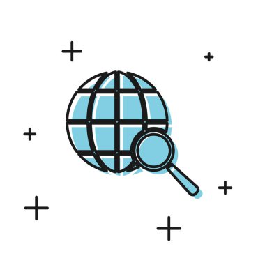 Beyaz arka plan üzerinde izole küre simgesi ile Siyah Büyüteç. Dünyayı analiz etmek. Genel arama işareti. Vektör İllüstrasyonu