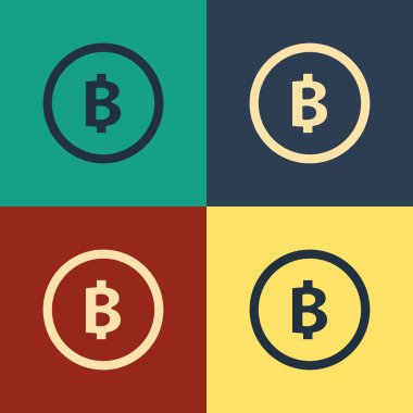 Renk arka planda yalıtılmış Renkli Cryptocurrency sikke Bitcoin simgesi. Fiziksel biraz para. Blockchain tabanlı güvenli kripto para birimi. Vintage tarzı çizim. Vektör İllüstrasyonu