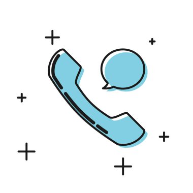 Siyah Telefon ahizesi ve konuşma balonu sohbet simgesi beyaz arka planda izole. Telefon tabelası. Vektör İllüstrasyonu