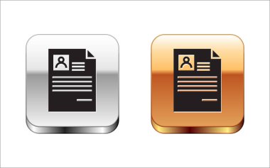 Beyaz arka planda yalıtılmış Siyah Özgeçmiş simgesi. Cv başvurusu. Profesyonel personel aranıyor. Analiz personel devam. Gümüş-altın kare düğme. Vektör İllüstrasyonu