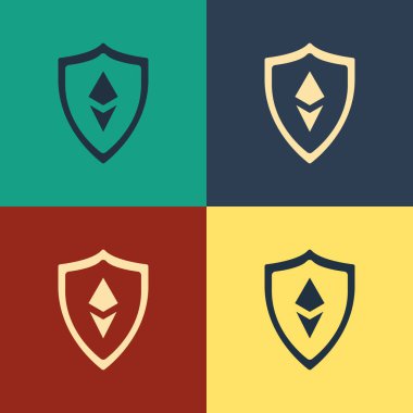 Renk Arka planda izole Renk Kalkanı Ethereum Eth simgesi. Kripto para madenciliği, blockchain teknolojisi, güvenlik, koruma, dijital para. Vintage tarzı çizim. Vektör İllüstrasyonu