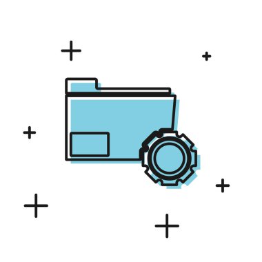 Beyaz arka planda yalıtılmış dişlisimgesine sahip Siyah Klasör ayarları. Yazılım güncellemesi, transfer protokolü, takım çalışması araç yönetimi, kopyalama işlemi. Vektör İllüstrasyonu