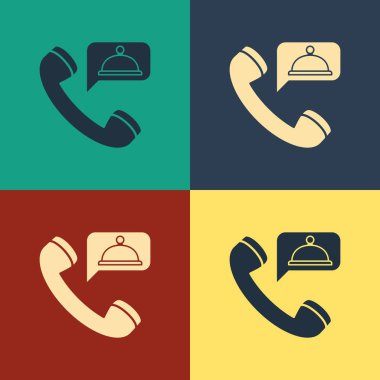 Renk Gıda sipariş simgesi renk arka planda izole. Cep telefonu ile sipariş. Restoran gıda dağıtım konsepti. Vintage tarzı çizim. Vektör İllüstrasyonu